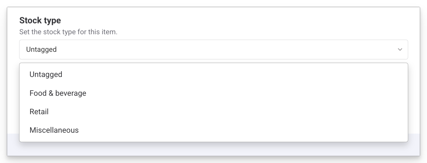 Dropdown menu for selecting stock type options including food, retail, and miscellaneous.